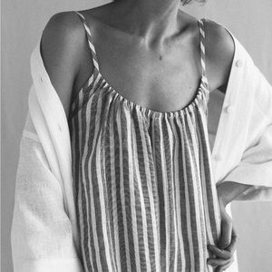 Wide legged jump suit- Man In The Studio striped linen- romper-size small-NWT